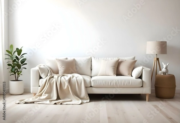 Fototapeta A modern, minimalist living room with a white sofa, beige throw blankets, and decorative pillows against a plain white wall.