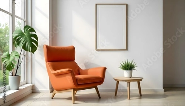 Fototapeta An orange modern armchair in a minimalist living room with a framed artwork on the wall and a small side table with a plant