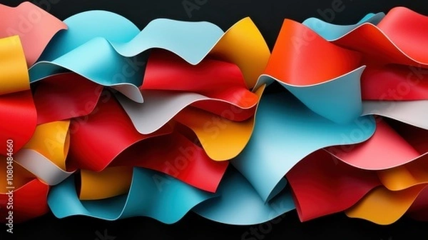Fototapeta This image presents an abstract flowing design full of curved colorful layers in shades of blue, red, yellow, giving an energetic and vibrant aesthetic.