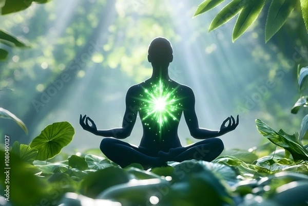 Obraz An ethereal and mystical digital art piece featuring the silhouette of a person in a lotus pose, with their body illuminated by a green light that seems to emanate from within