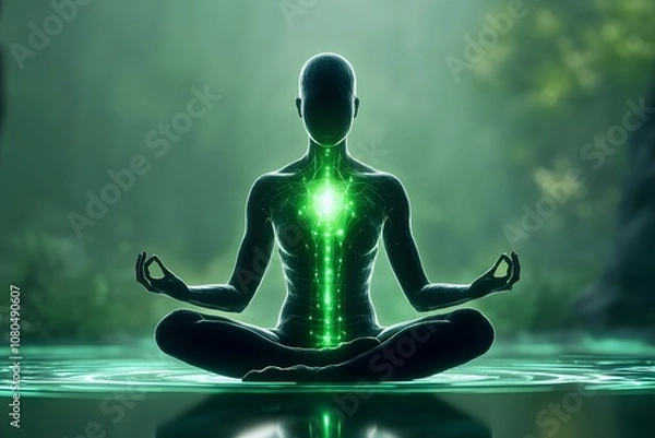 Fototapeta An ethereal and mystical digital art piece featuring the silhouette of a person in a lotus pose, with their body illuminated by a green light that seems to emanate from within