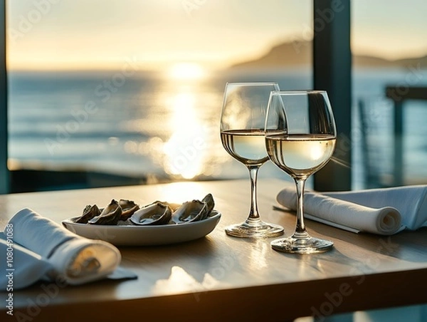 Obraz 夕日を眺めながら楽しむ白ワインとオイスター | White Wine and Oysters with Sunset Ocean View