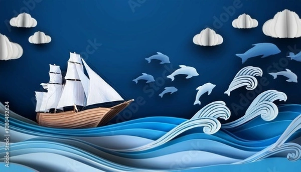 Fototapeta a ship sailing on a paper cut ocean with waves and dolphins on a deep blue background a maritime journey