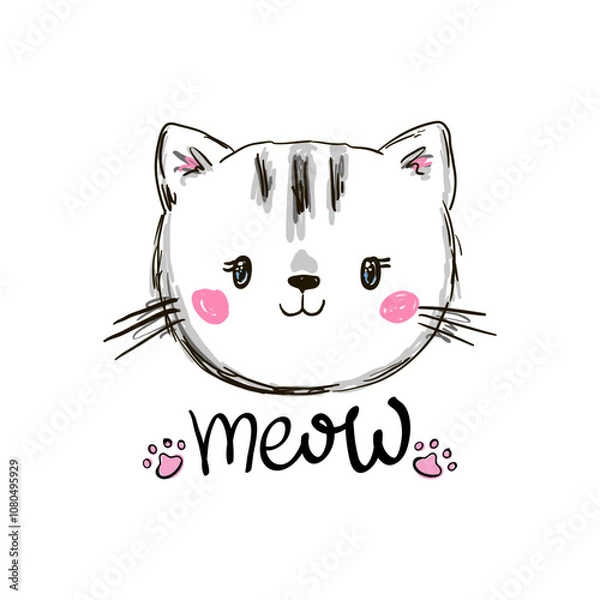 Fototapeta Hand drawn cute cat and the inscription meow. Vector illustration in cartoon style.