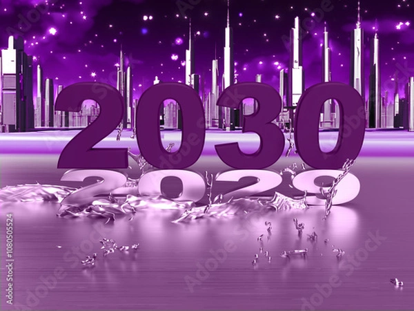 Fototapeta Purple, metal 2030 standing on the number 2029 in the background with the city in the stars. Idea for a holiday post. 3d rendering
