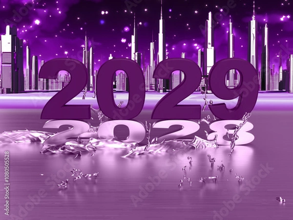 Fototapeta Purple, metal 2029 standing on the number 2028 in the background with the city in the stars. Idea for a holiday post. 3d rendering