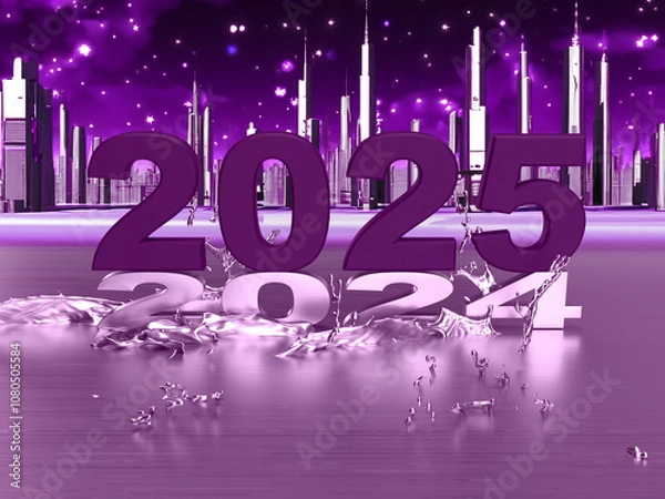 Fototapeta Purple, metal 2025 standing on the number 2024 in the background with the city in the stars. Idea for a holiday post. 3d rendering