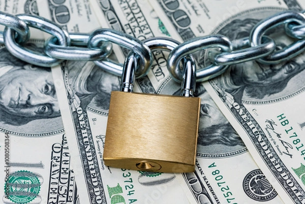 Obraz Chain with lock on the dollar banknotes. Business safety or financial protection or restriction access or ban dollars.