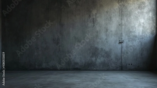 Fototapeta Dimly lit industrial room, rough wall, smooth floor, dark gray color, scratches, scuffs, stains