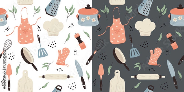 Fototapeta Seamless pattern with kitchen tools and accessories on white and dark backgrounds, hand-drawn. Vector design for fabric, wallpaper, wrapping paper and more.