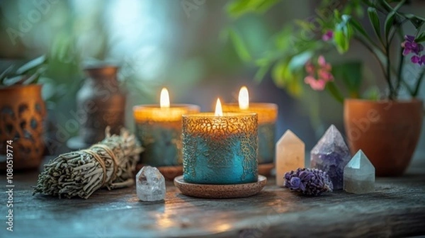 Fototapeta Altar setup with candles crystals sage bundle on table