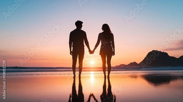 Fototapeta Silhouette of a couple holding hands on a beach, backlit by the setting sun, their reflection visible on the wet sand, romantic and heartfelt