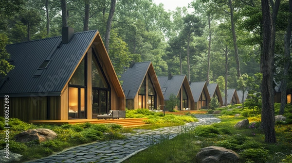Obraz A row of modern, sustainable housing buildings with wooden cladding and dark grey metal facades, surrounded by green trees in the landscape design.