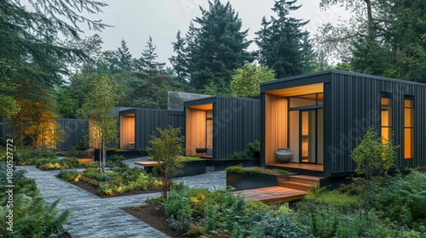 Obraz A row of modern, sustainable housing buildings with wooden cladding and dark grey metal facades, surrounded by green trees in the landscape design.