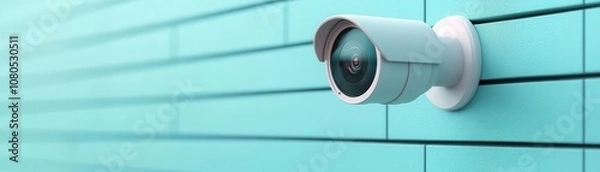 Fototapeta A close-up of a security camera mounted on a turquoise wall, highlighting its sleek design and surveillance capabilities.