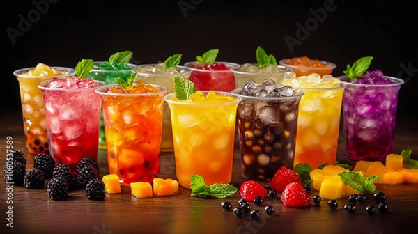Obraz A variety of colorful boba tea drinks, including fruit puree and ice cubes in plastic cups, are arranged on a wooden table.