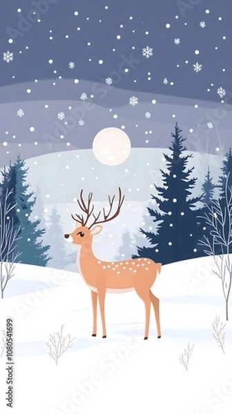 Fototapeta Flat vector illustration of deer in winter forest, simple shapes, simple flat style, white background