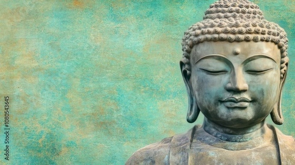 Fototapeta A serene Buddha statue against a textured turquoise background.