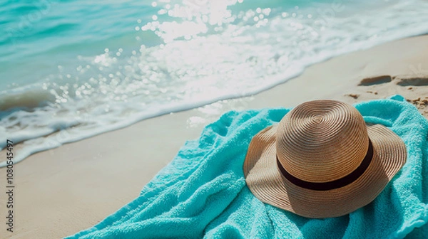 Fototapeta A wide shot of the beach with sand, waves, and blue water. On top is an elegant hat lying on its side next to a bright turquoise towel. The scene exudes relaxation and summer vibe 