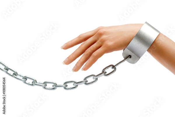 Fototapeta Kobiecej dłoni w łańcuchach na białym tle. Zamknij się, pojęcie przeciwko przemocy