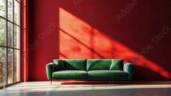 Obraz Green Velvet Sofa in a Room with a Red Wall and Sunlight Streaming Through a Window