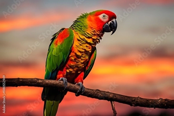 Fototapeta An amazon parrot sitting on a branch with an intense sunset background in red orange and yellow, AI Generated