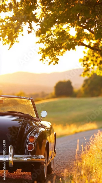 Fototapeta A Timeless Convertible Journey Through the Enchanting Tuscan Countryside at Dusk, Embraced by Soft Golden Hues