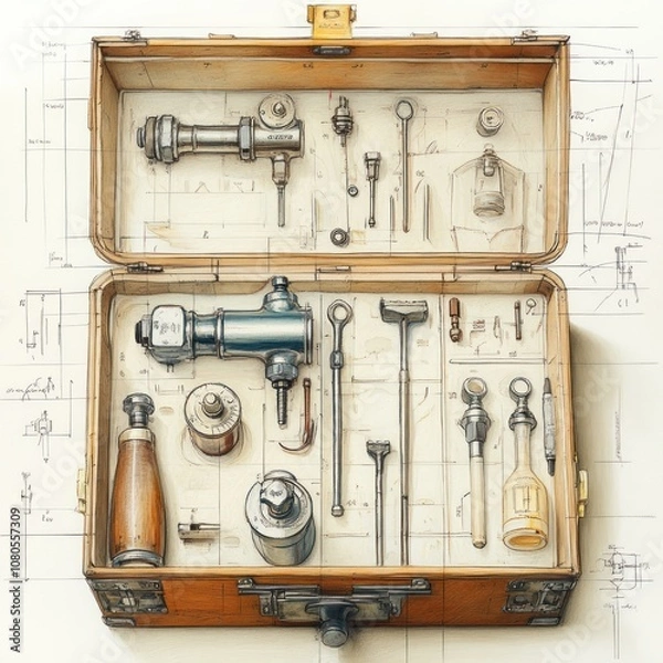 Obraz An open wooden toolbox with a variety of tools and implements.