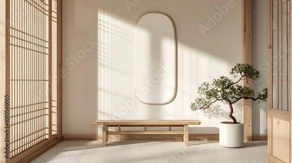 Fototapeta Minimalist Japanese Entryway with Wooden Bench and Clean Interior Design