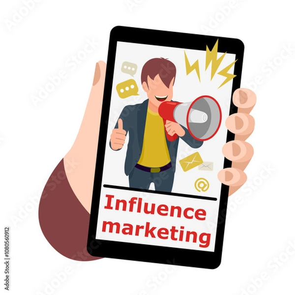 Obraz Influence marketing. A smartphone in a person's hand. Blogger broadcasts marketing ads using a megaphone.
