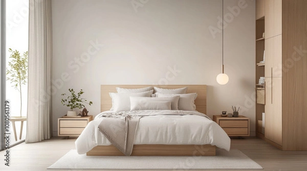 Fototapeta A serene bedroom featuring wooden bed frame, soft white bedding, and minimalist decor. Natural light floods space, enhancing calming atmosphere with touch of greenery