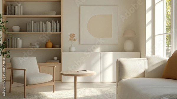 Fototapeta A serene and modern living room featuring light color palette, minimalist furniture, and natural light. space includes cozy chair, round table, and decorative elements that enhance its calm atmosphere