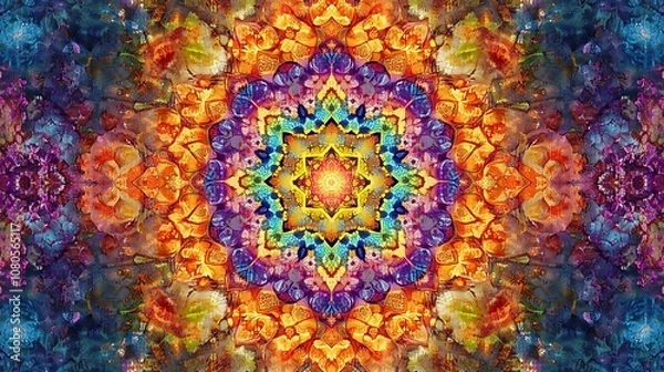 Fototapeta A symmetrical mandala design composed of intricate floral patterns radiating from the center in vibrant colors 
