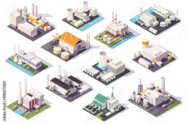 Obraz A collection of various industrial factories in isometric style on a clean background. Vector illustration