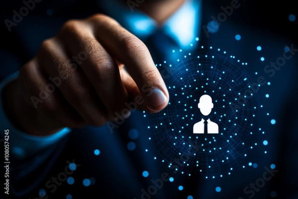 Fototapeta A close-up of a person pointing towards a digital icon of a user profile surrounded by a network of connections, symbolizing online networking, technology, and digital communication.