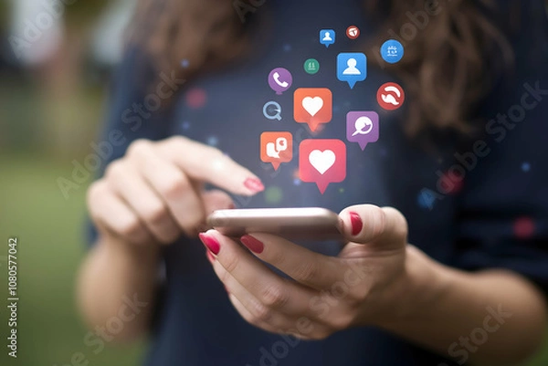 Fototapeta Smartphone emits vibrant icons, digital connection with blurred background