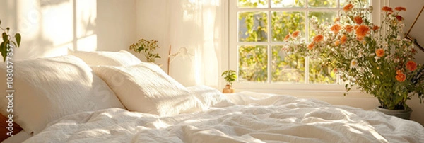 Fototapeta A cozy bedroom with soft white bedding, bathed in warm sunlight, features large window showcasing vibrant flowers and greenery outside, creating serene atmosphere