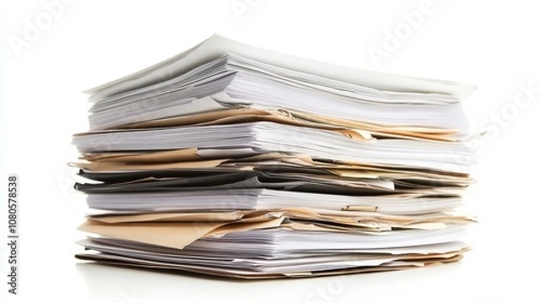 Obraz A Large Stack of Mixed Paperwork and Documents in Different Colors and Textures, Representing Organization Challenges and Administrative Tasks in the Office