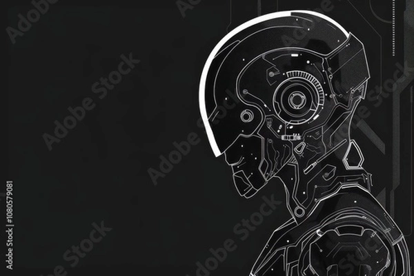 Fototapeta Detailed side view of a futuristic robot with complex circuitry against a dark backdrop, showcasing advanced technology.