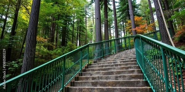 Fototapeta Stairs with green iron side rails winding upward into a forest landscape with tall trees and vibrant foliage, natural staircase, green railings, staircase in woods