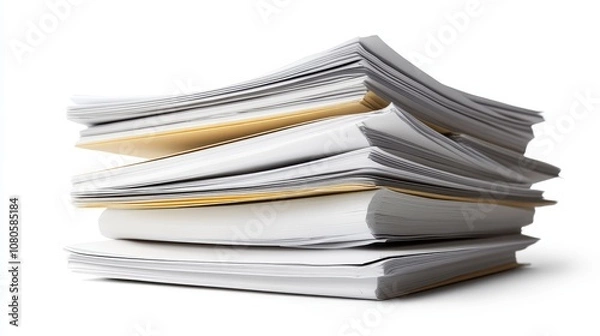 Obraz Stacked Paper Documents with Blank Pages and Few Colored Sheets Highlighting Organization and Workflow in Office Environment