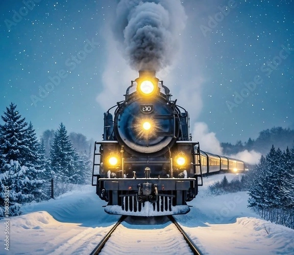 Obraz generative ai illustration image of a steam train crossing a track covered in snow