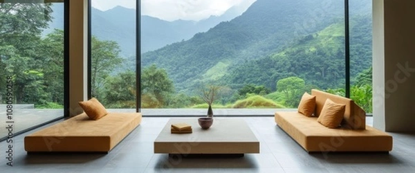 Fototapeta Two Tan Couches and a Coffee Table Facing a Mountain View Through a Large Window