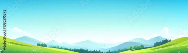 Fototapeta A serene landscape featuring lush green hills, rolling meadows, and distant mountains under a clear blue sky, ideal for nature-inspired themes.
