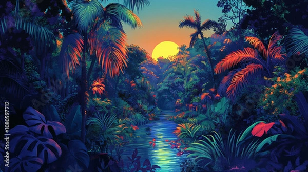 Fototapeta A lush green tropical rainforest with a variety of flowers and plants. The image is vibrant and full of life. 