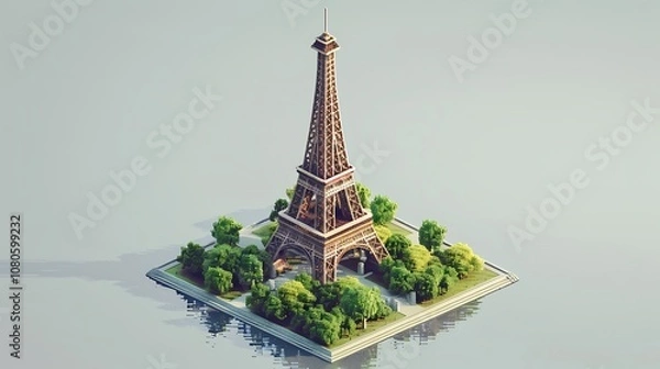 Fototapeta A stylized depiction of the Eiffel Tower surrounded by greenery on a small island.