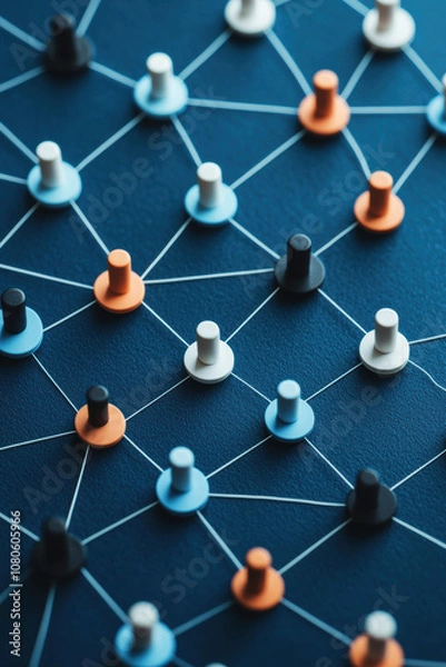Fototapeta Abstract network connections featuring colorful pins on a dark background, representing teamwork, collaboration, and communication.