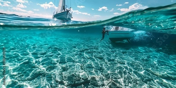 Fototapeta A Sailor's Adventure in the Crystal Clear Blue Ocean, Gliding Over Glassy Waters A Sailor's Peaceful Voyage, Sailing in Paradise A Sailor's Trip Through Crystal Clear Waters