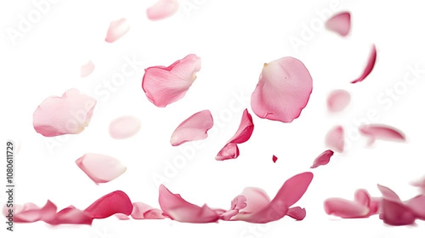 Obraz Pink rose flower petals falling isolated on a white background
