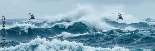 Fototapeta Two helicopters battling rough seas in a dramatic stormy weather setting, turbulence, rough seas